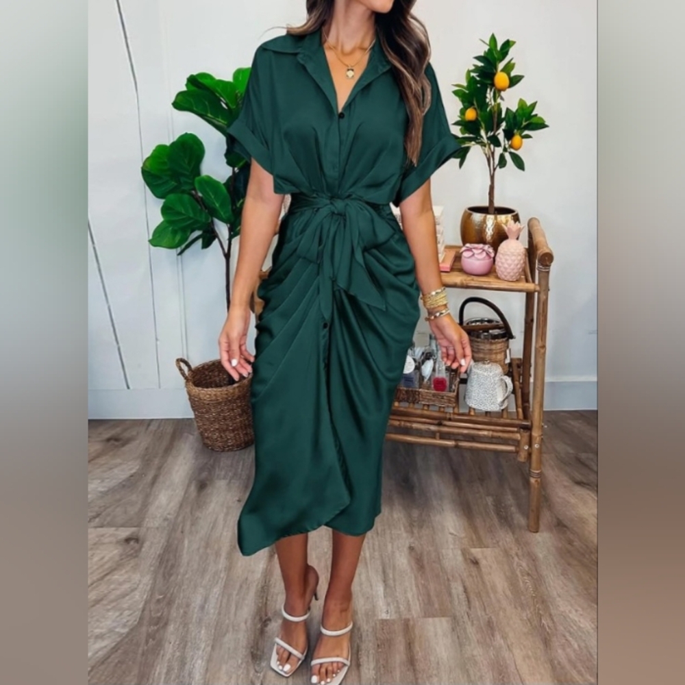 Elegant Green Stretch Satin Midi Shirt. Dress - Picture 6 of 6